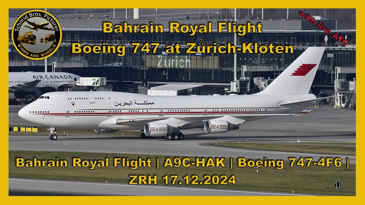 Bahrain Royal Flight Boeing 747-400 ''A9C-HAK'' landing runway 14 and taxiing at ZRH (with live ATC)