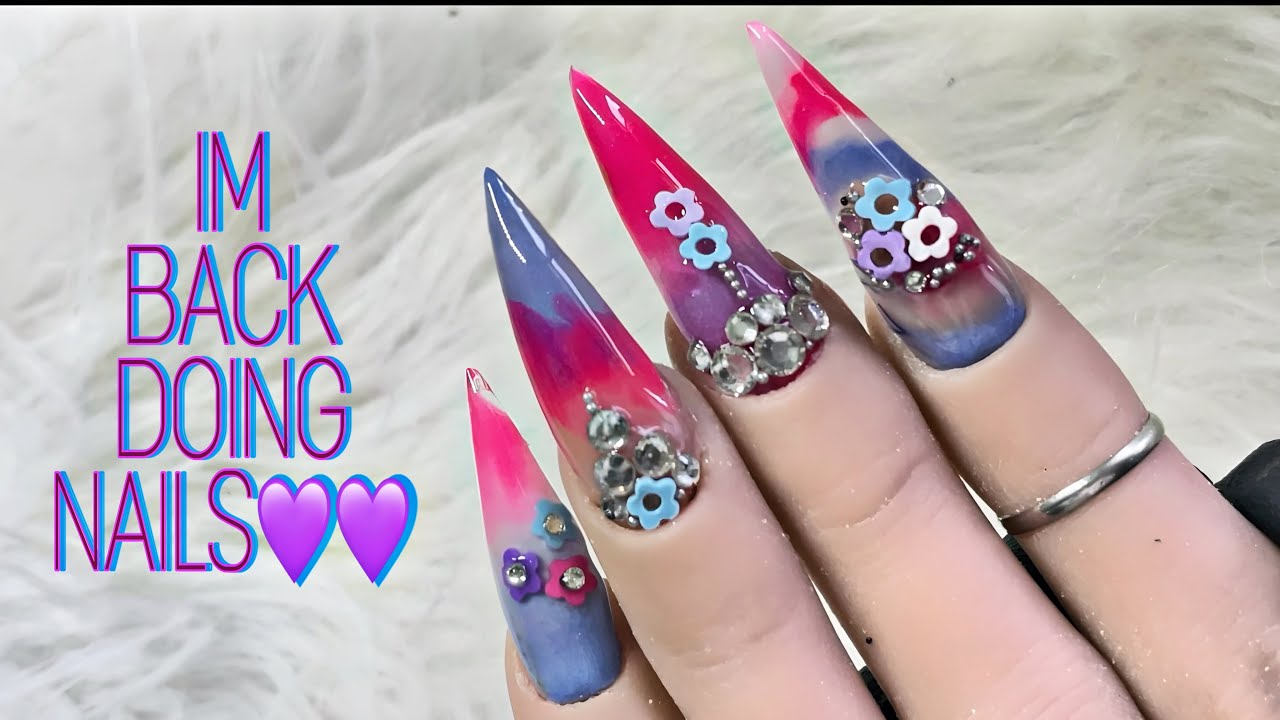 Bright Pink And Purple Floral Acrylic Nails