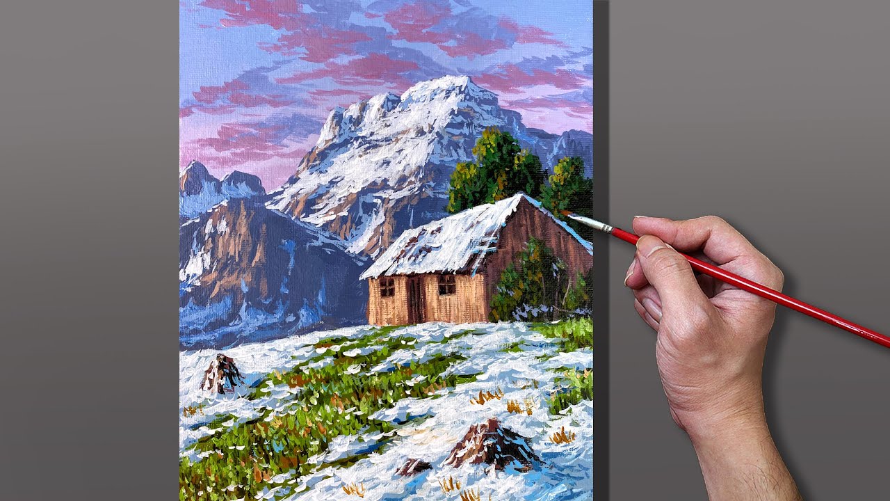 Acrylic Painting Cabin Summit Landscape