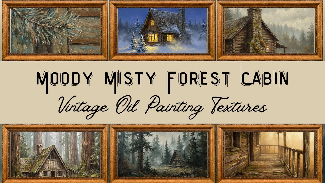 4K Frame TV Screensaver - Misty Pine Forest & Log Cabin Oil Painting Texture (No Sound)
