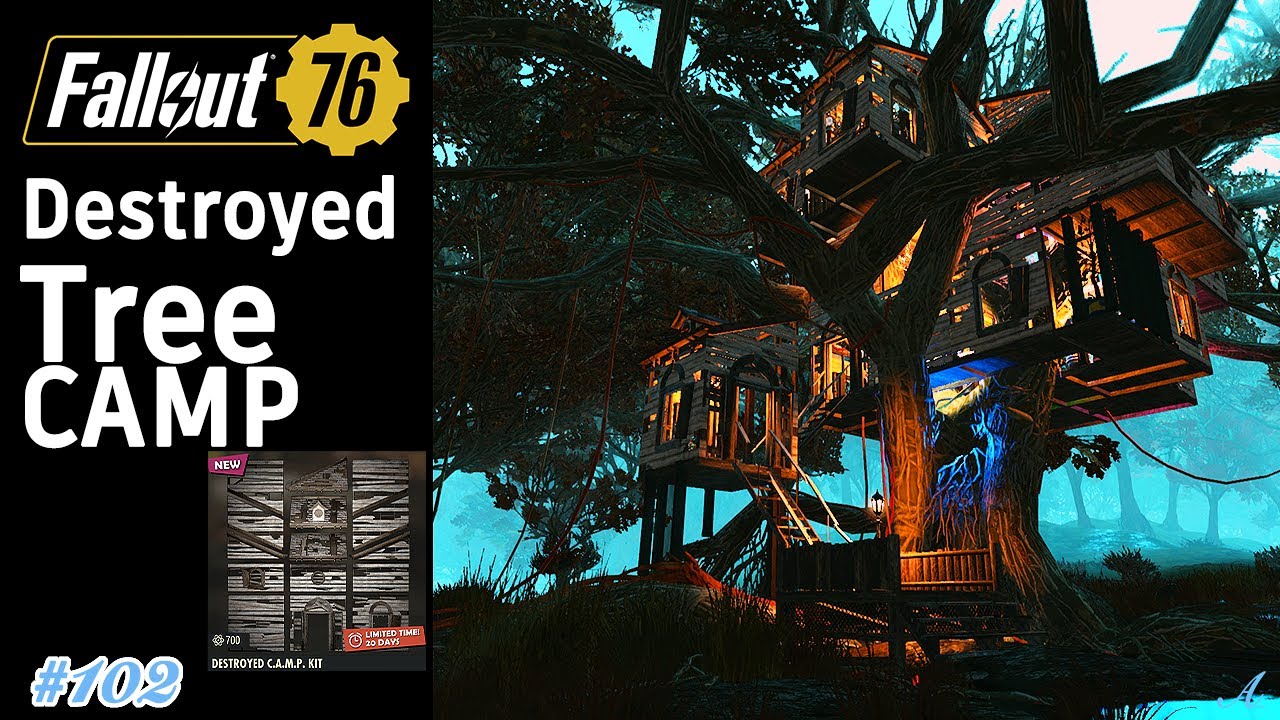 Fallout 76 - Destroyed CAMP kit bundle Tree house w/ tips & tutorial (Aqua's Modern house #102)