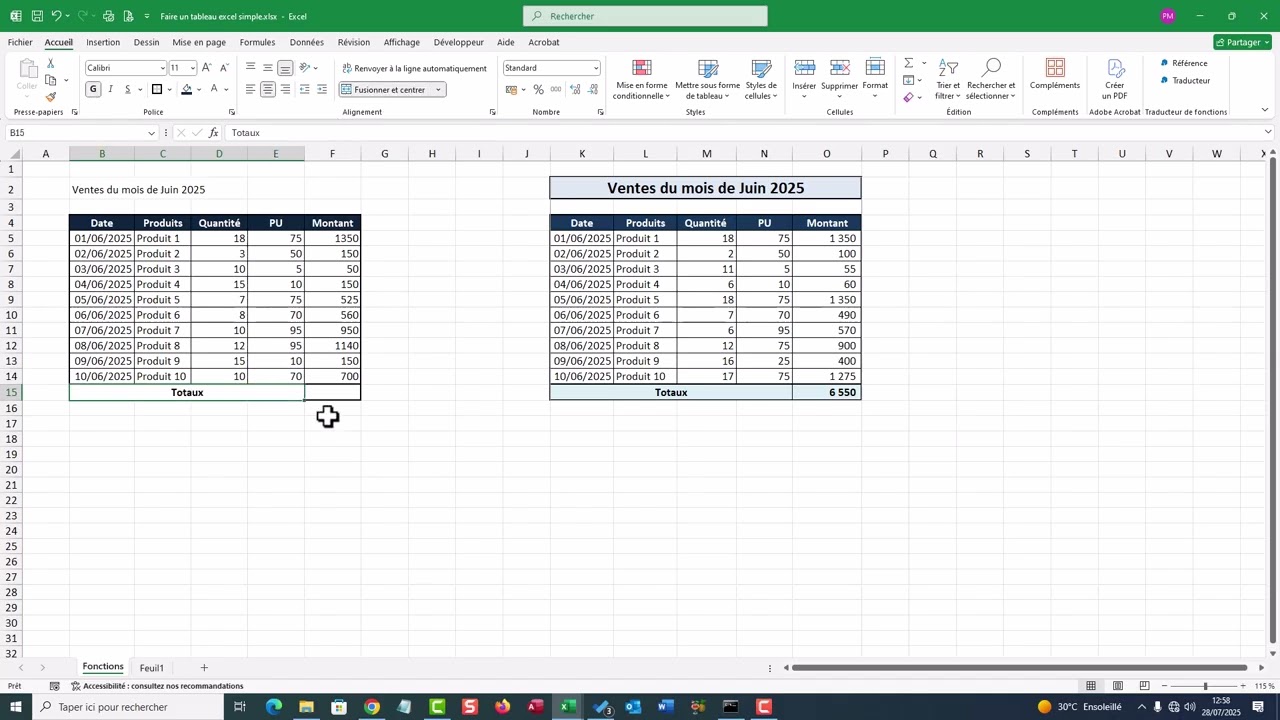 Faire un tableau simple dans Excel