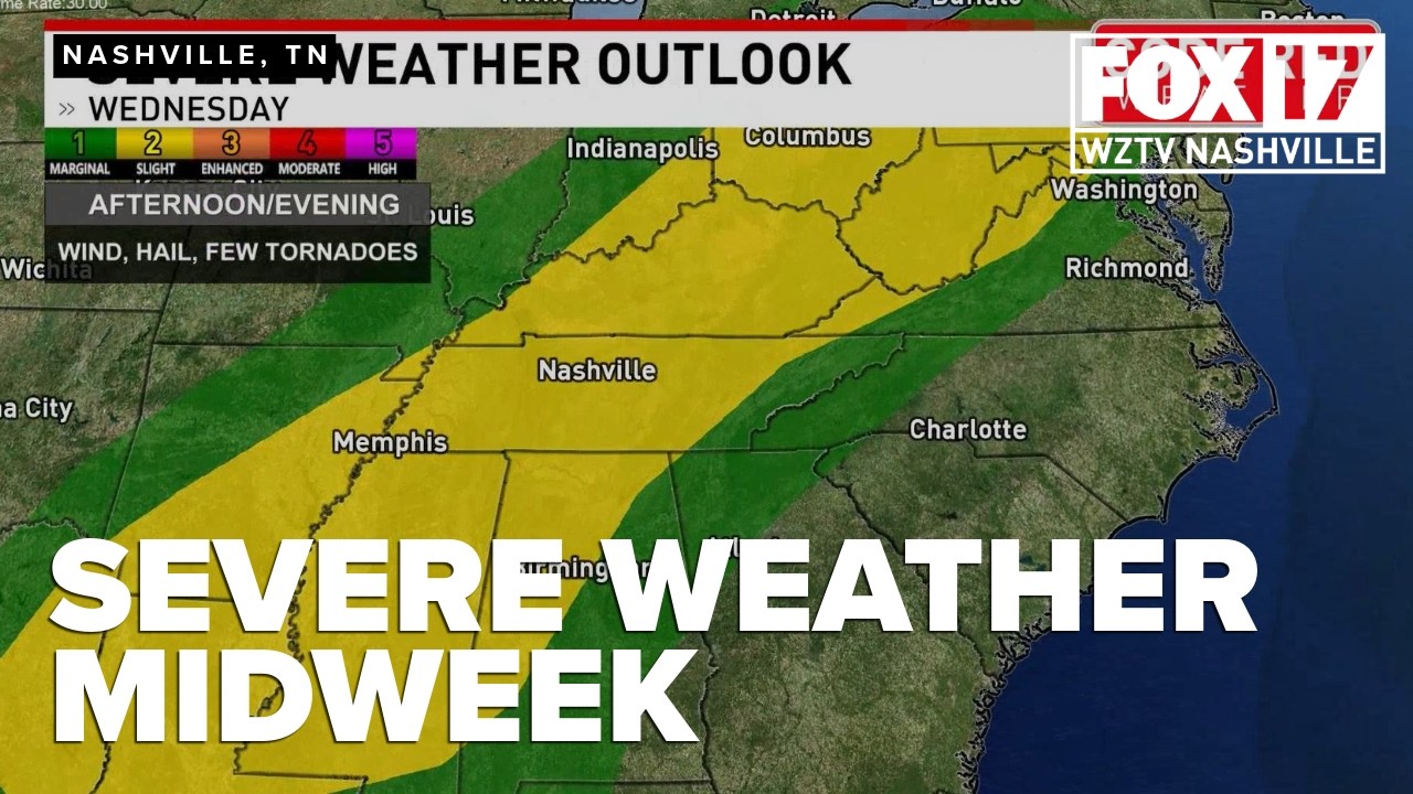 Wind, Hail and Possible Tornado: Midweek Storms Predicted in Miffle Tennessee