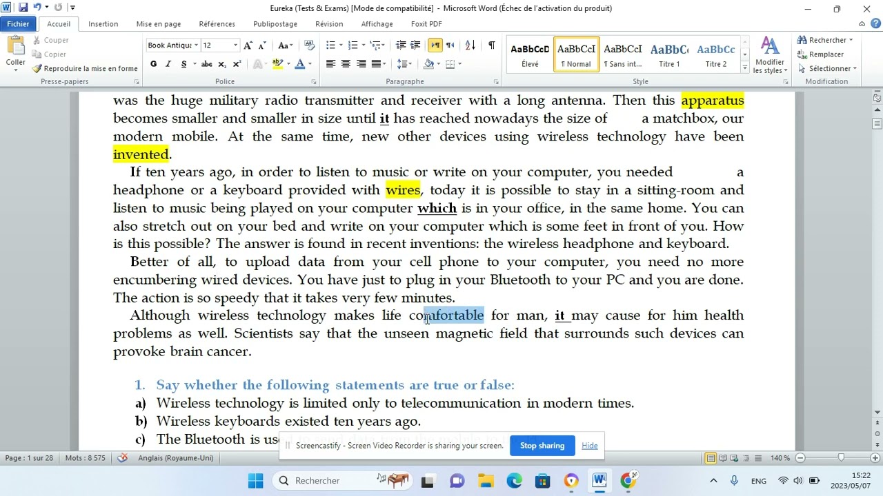اختبار الانجليزية الثلاثي الثالث اولى علمي واولى اداب