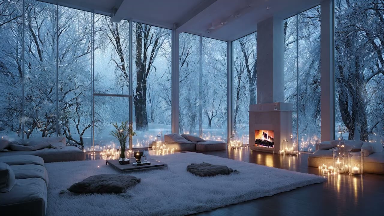 Soul-Soothing Winter Ambience with Snow Wind Beyond the Window and Fireplace Crackling
