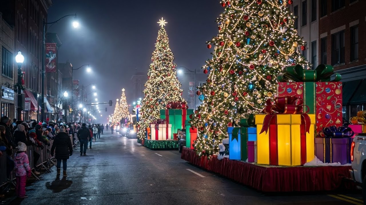 Quiet Christmas Parade at Night | Giant Trees & Glowing Gifts | Cinematic Holiday Scene