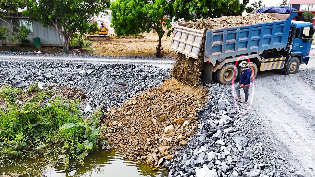 NICELY Job Process !! Start Filling Work use 10 Wheel Trucks and Push fill by KOMATSU DOZER