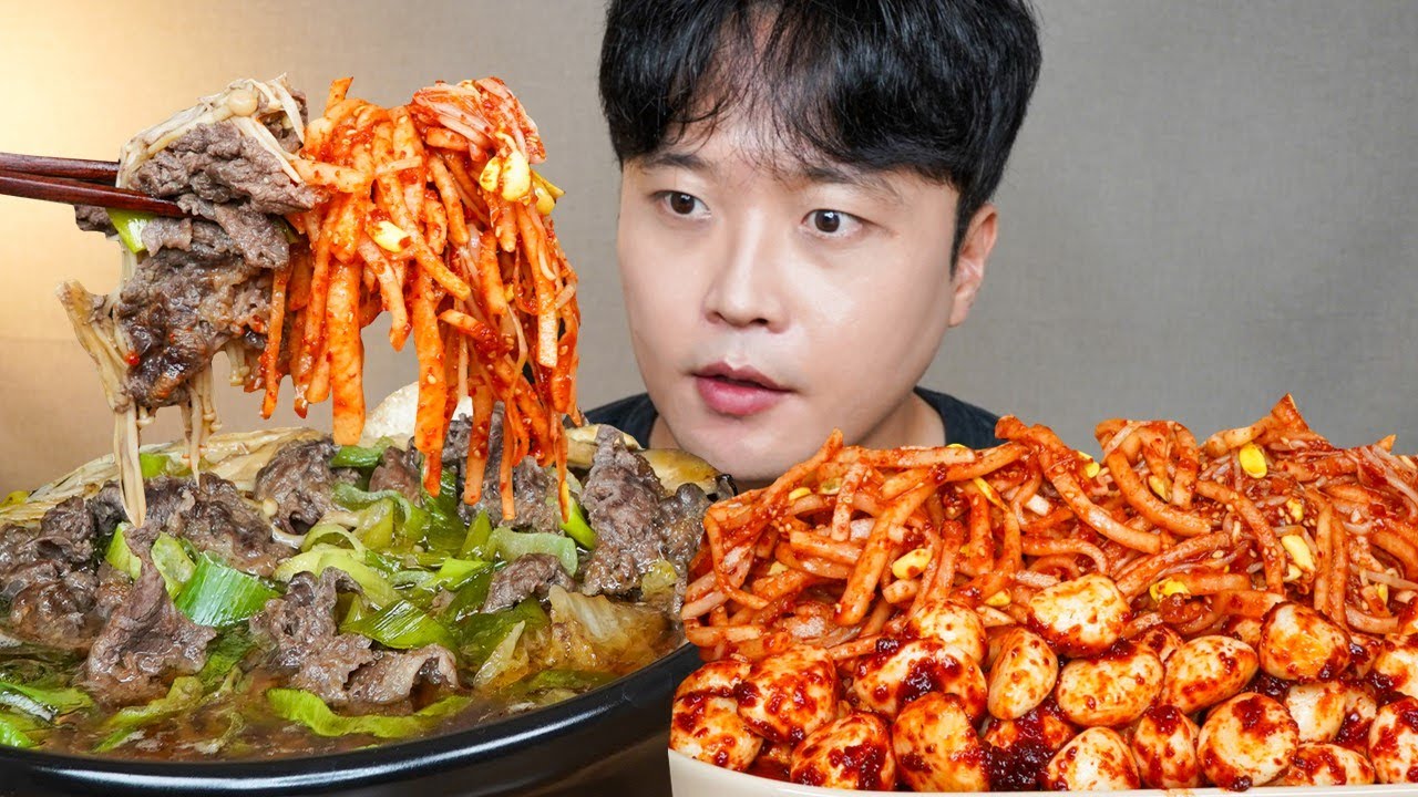 [와차밥] 소불고기전골 통마늘김치 콩나물무생채 요리 먹방 Bulgogi & Garlic Kimchi ASMR MUKBANG REAL SOUND EATING SHOW