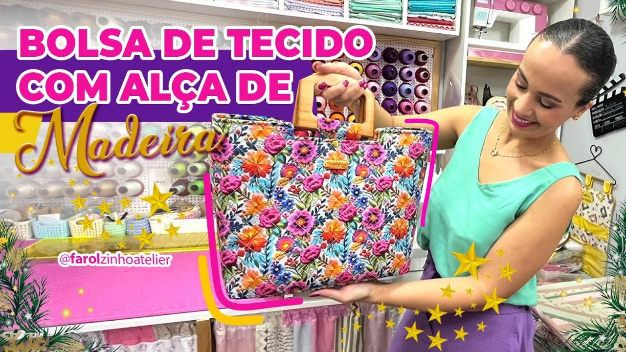 BOLSA DE TECIDO COM ALÇA DE MADEIRA  I Sem fole e muito facil de fazer, costura para iniciantes