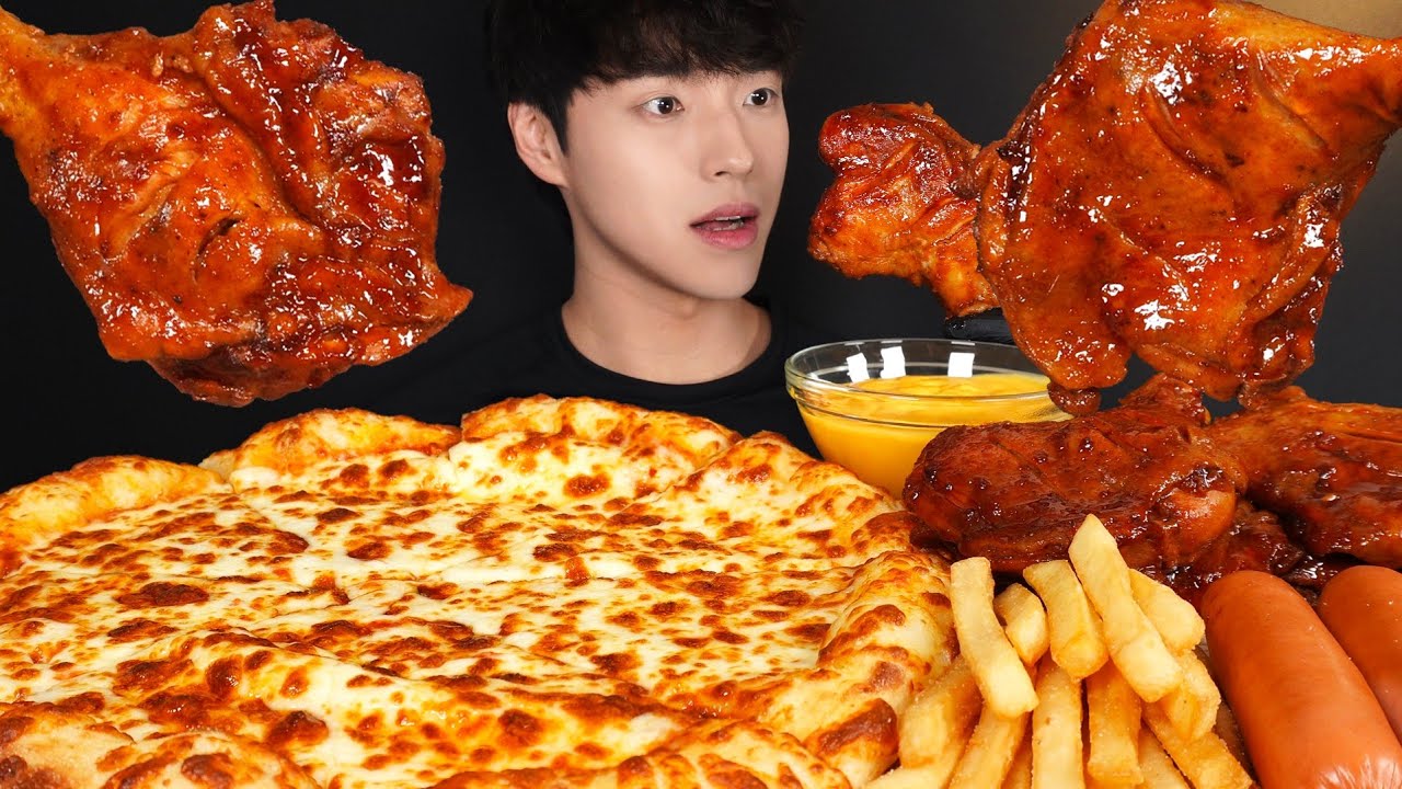 ASMR MUKBANG PIZZA & BBQ CHICKEN & FRENCH FRIES & SAUSAGES