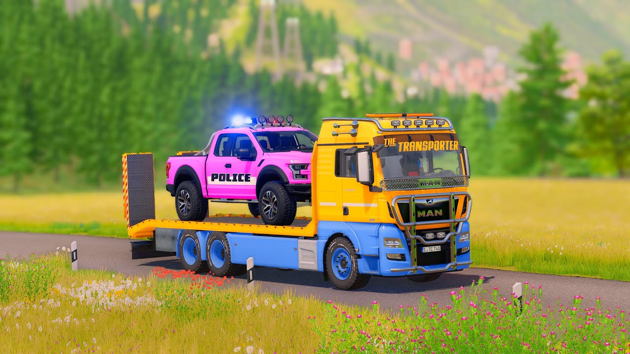Trucks with Colors - ALL MIXER TRUCK WITH DOUBLE FLATBED TRAILER TRUCK, MAN, MERCEDES - FS22