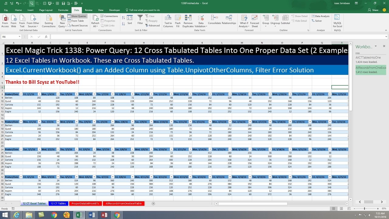 Excel Magic Trick 1338: Power Query: Unpivot 12 Cross Tabulated Tables into One Proper Data Set