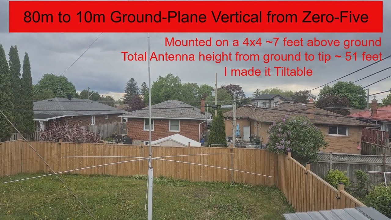 Amateur (HAM) Radio Antenna 80m to 10m Ground-Plane 43 feet Vertical from Zero-Five on a 4x4 post