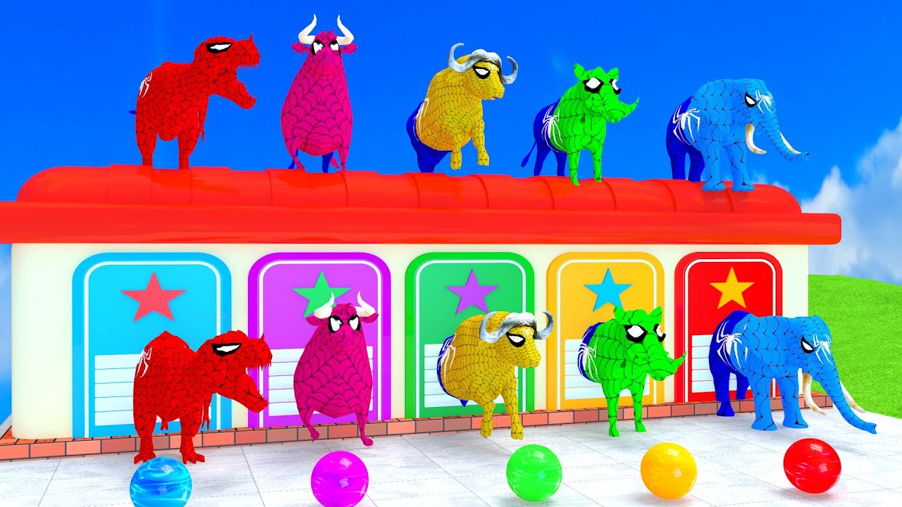 Long Slide Game With Cow Elephant Gorilla Hippopotamus Tiger - 3d Animal Game - Funny 3d Animals