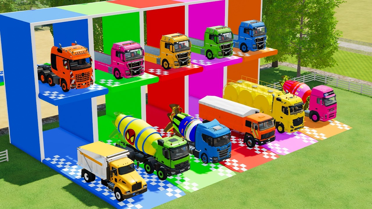 Colorful trucks - ALL COLORFUL CRANE TRUCK, XONXRETE MIXER TRUCK TRANSPORTING WITH DUMP TRUCKS