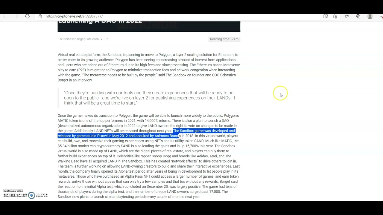 The Sandbox Game Is Migrating to Ethereum Sidechain Polygon and Launching A DAO in 2022