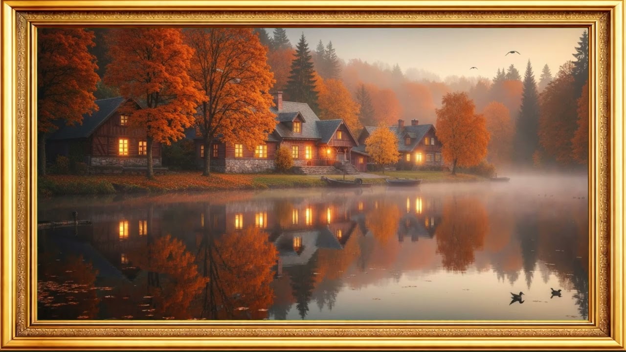 Tranquil Autumn Lake Cabins at Dawn  4K Fall Reflection Art for TV Frame  Peaceful Screensaver