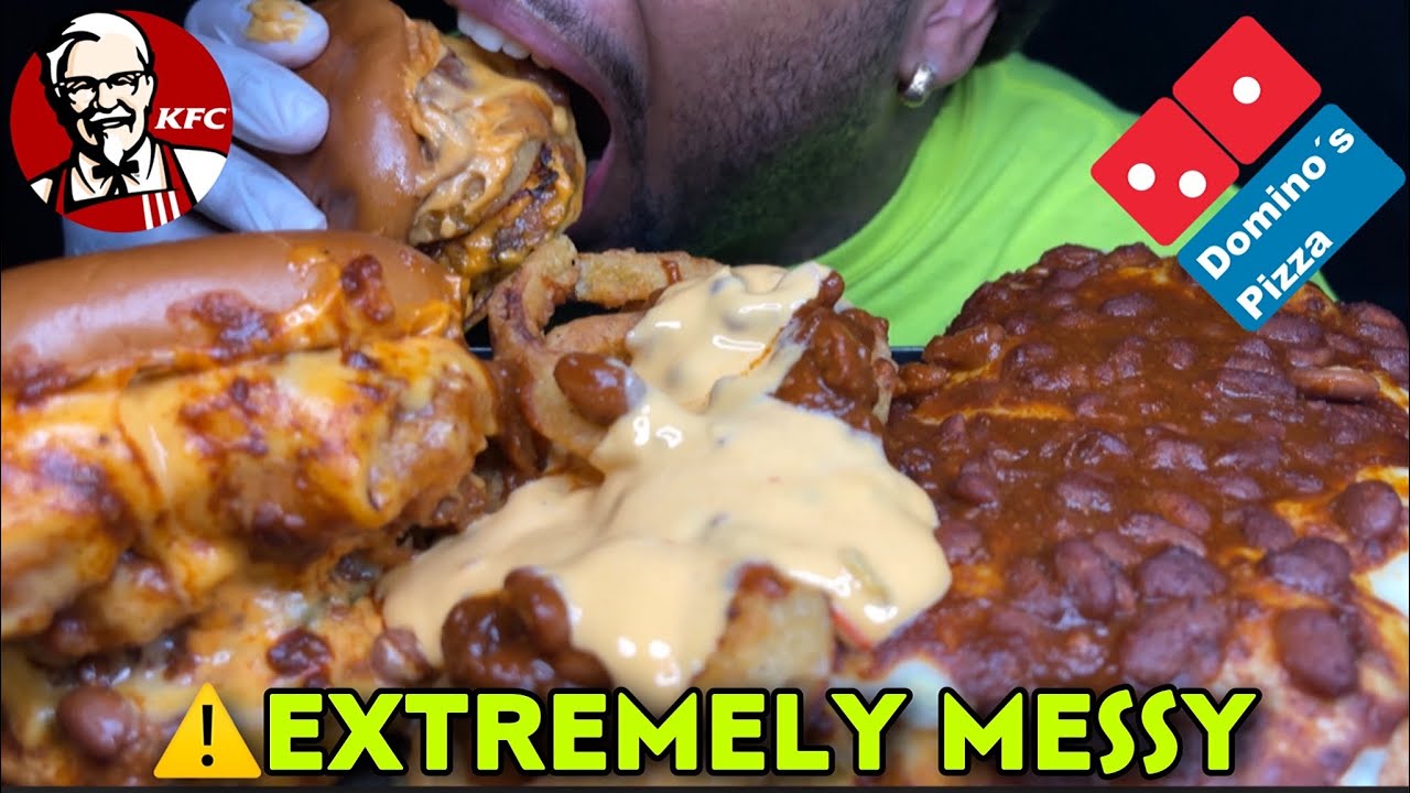 ⚠️EXTREMELY MESSY KFC CHILI CHEESE CHICKEN SANDWICH, DOMINOES CHEESE BREAD & CHILI CHEESE ONION RING