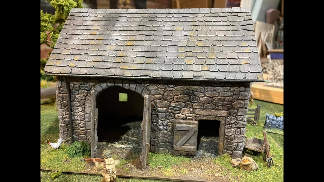 Scratch built stone barn using foam core and das clay