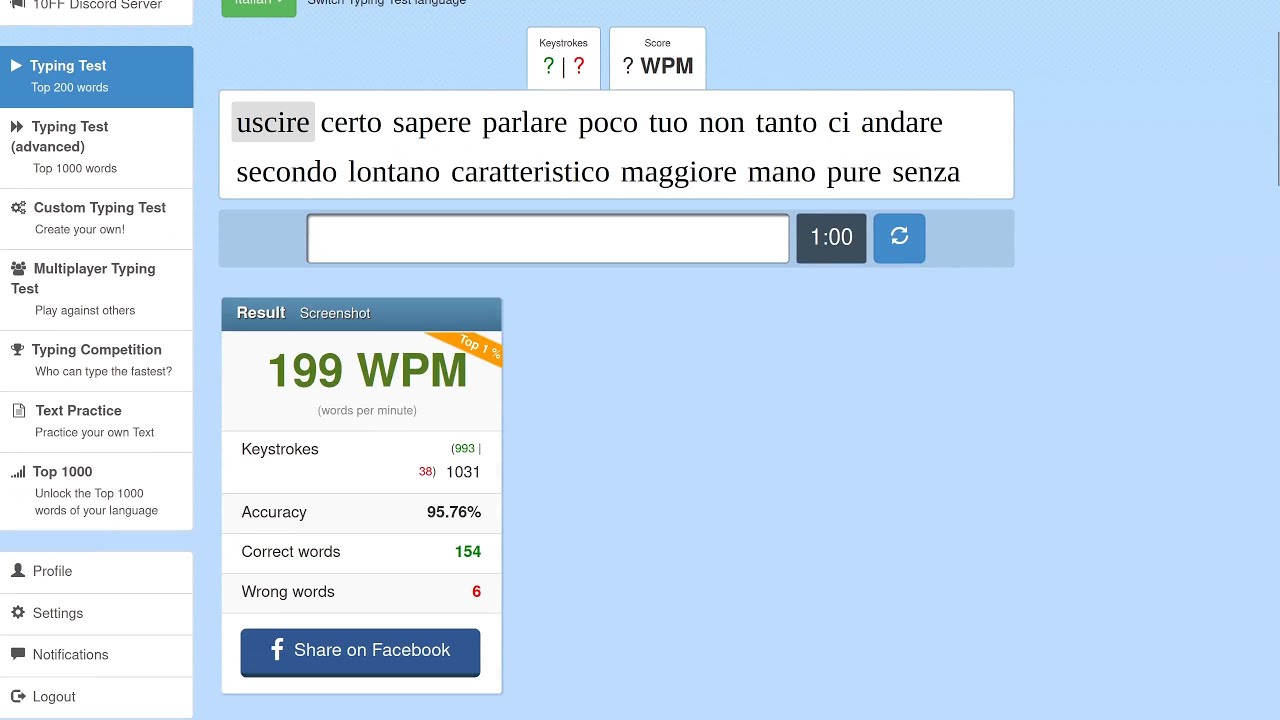 199WPM - 10FastFingers - Typing Test Italian w/ Hand Cam