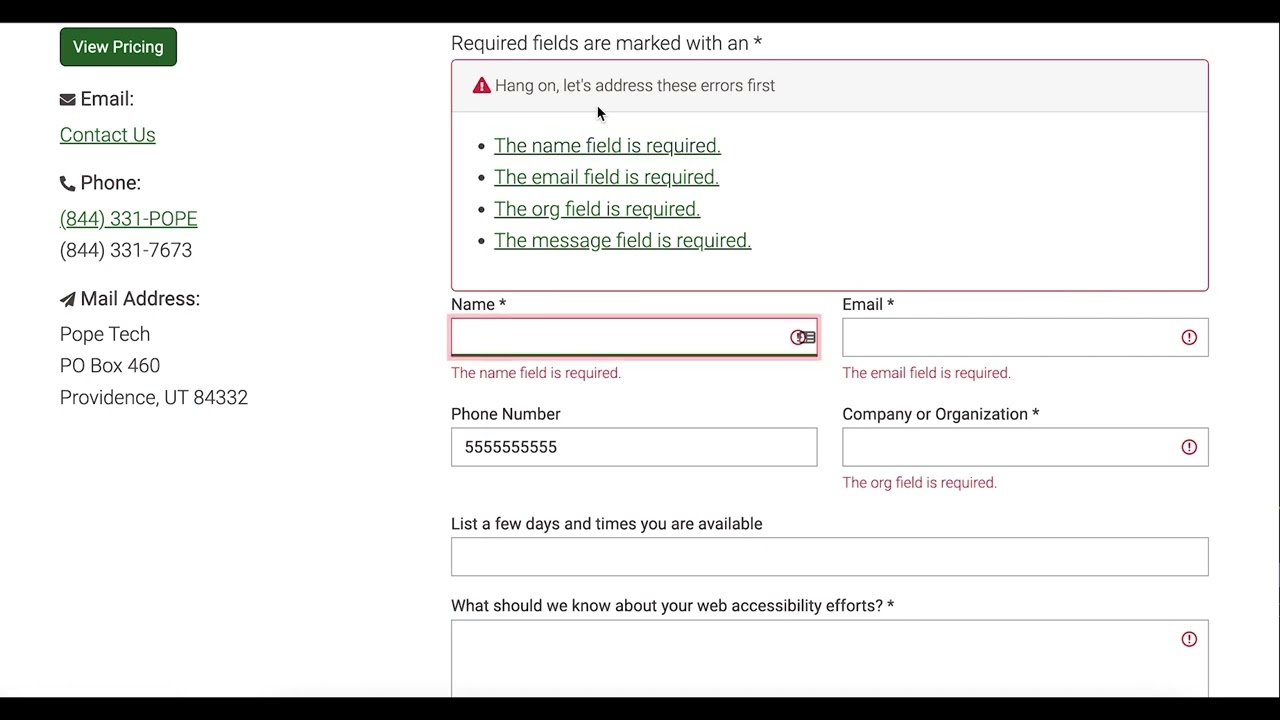 Good example of form error validation with screen reader