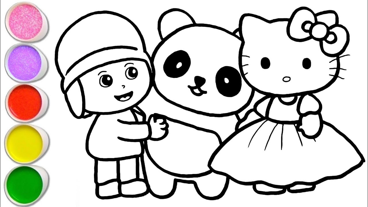 Cute Pocoyo with Panda and Hello Kitty Drawing, Painting and Coloring For Kids and Toddlers_Kids Art