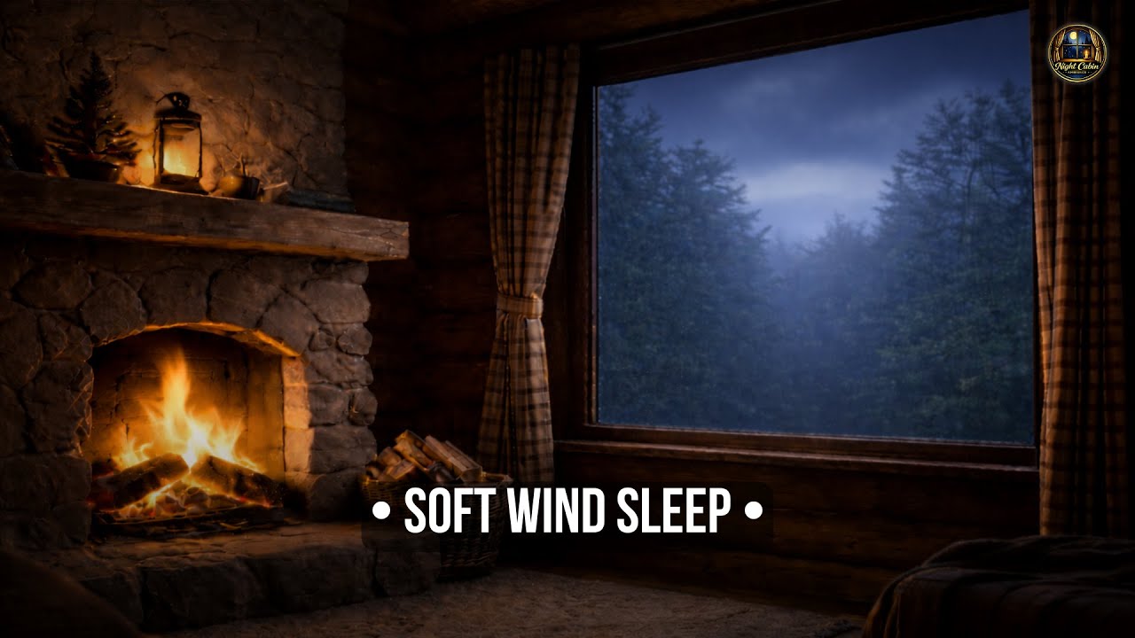 Night Cabin Ambience • Soft Wind Outside + Crackling Fireplace 10 Hours Deep Sleep