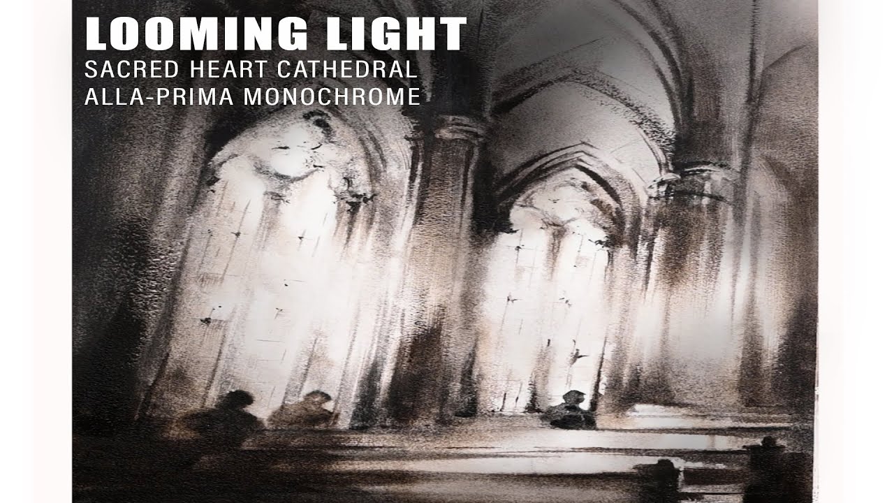 Alla Prima Watercolour Painting Black and White Interior Architecture Sacred Heart Cathedral