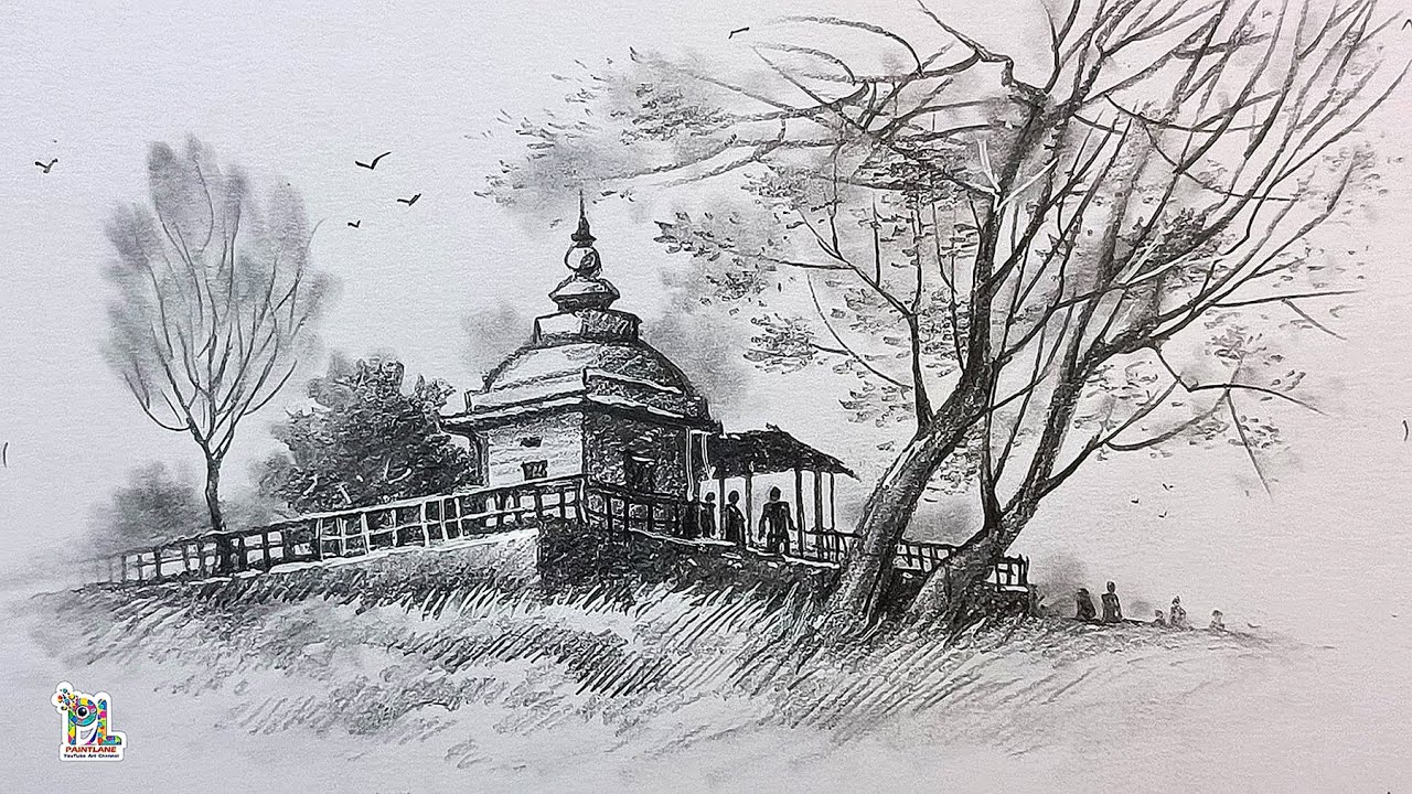 How to draw Temple in Nature by Pencil Art
