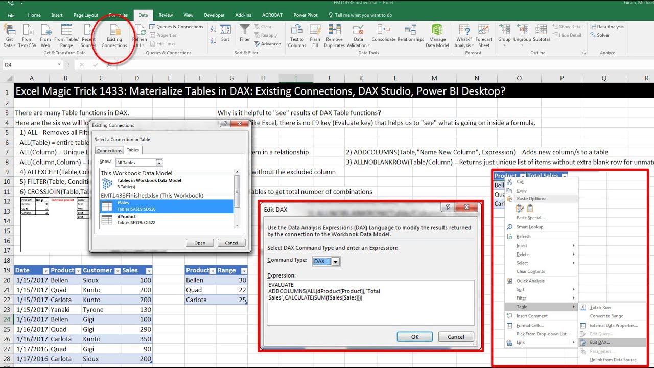 Excel Magic Trick 1433: Materialize DAX Table Functions: Existing Connections, DAX Studio, Power BI?