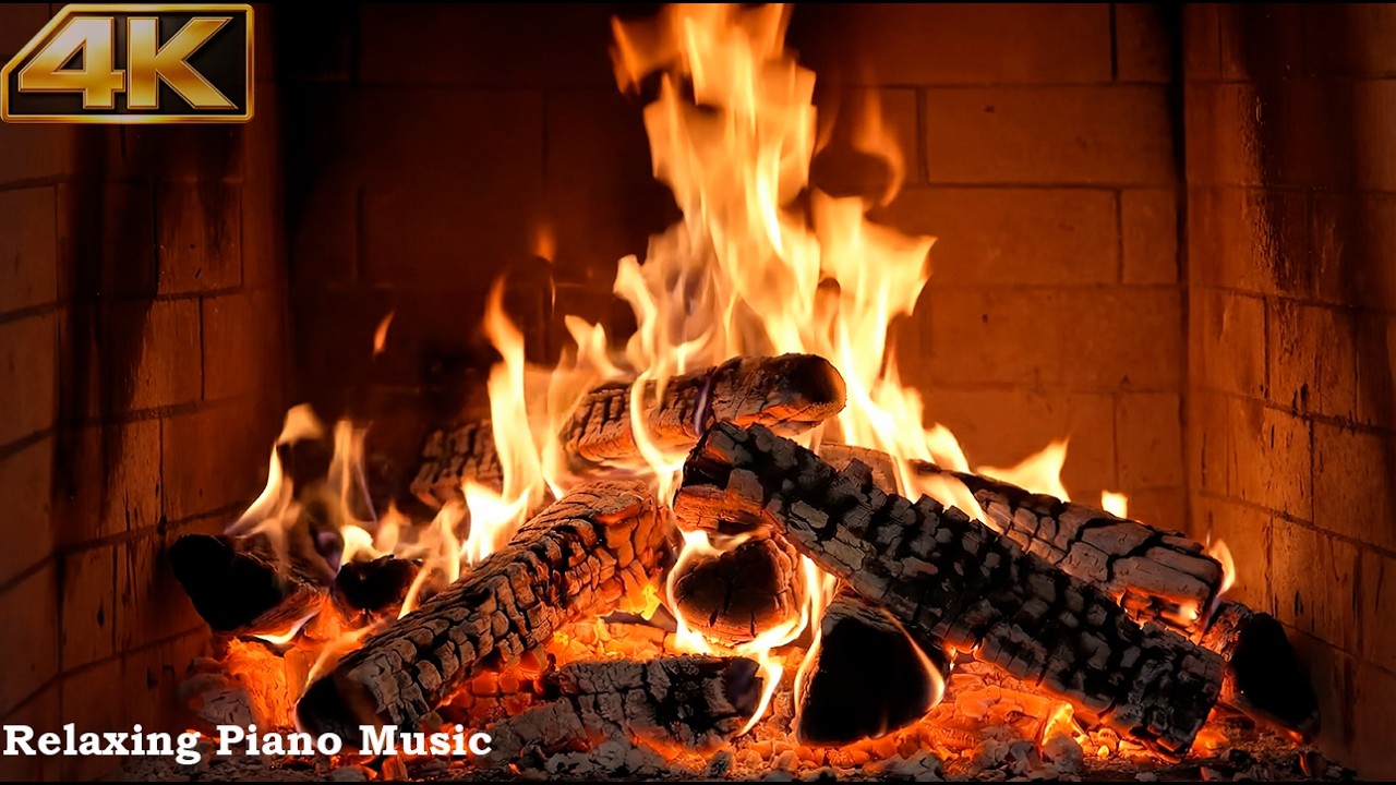 Cozy Fireplace 🔥 | Sleepy Piano Music for Deep Sleep & Relaxation | 4K
