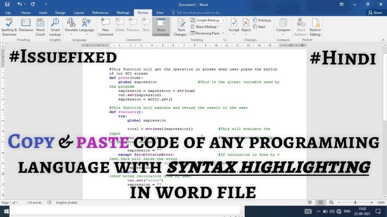 Copy and Paste code of any programming language with Syntax Highlighting in word file || Hindi video