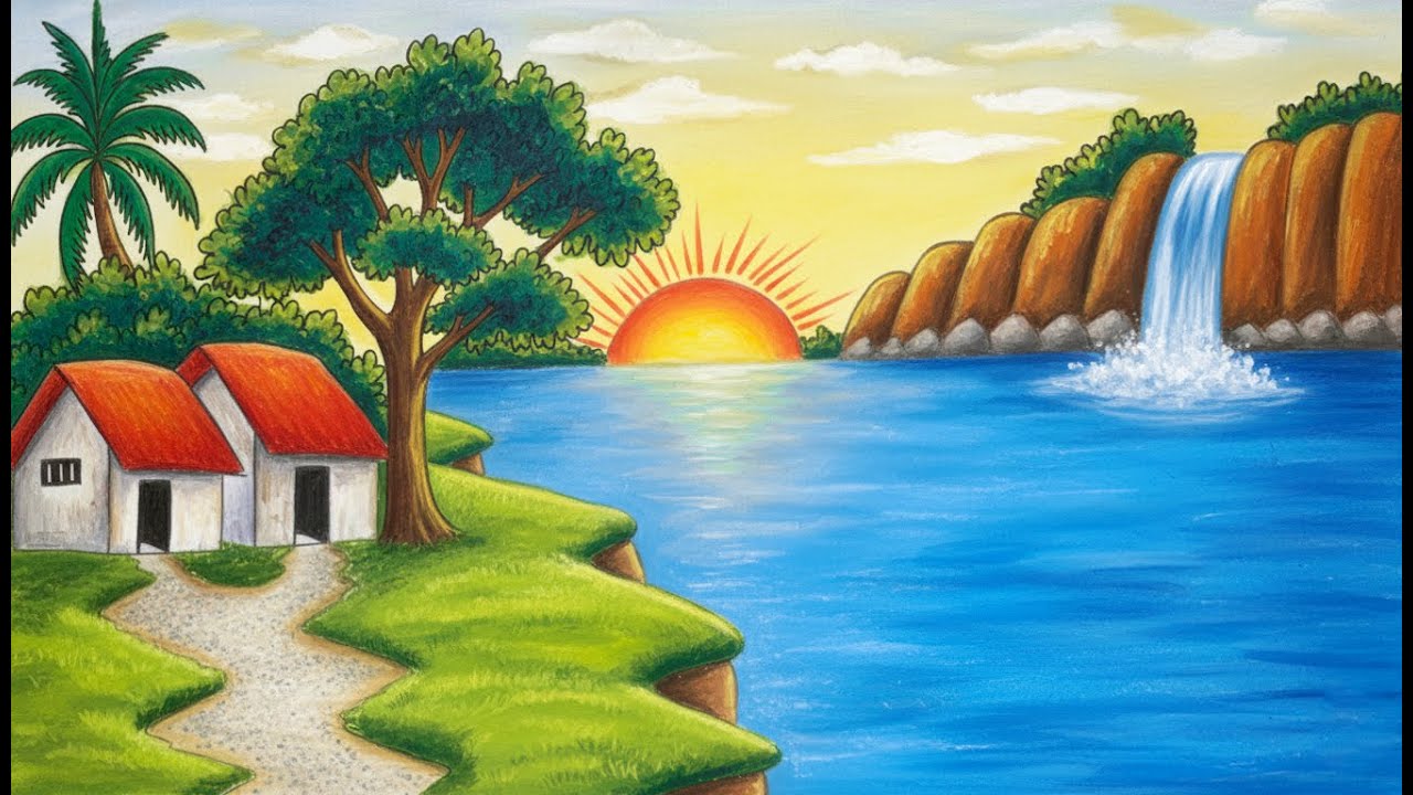 How to Draw a Beautiful Village Scenery with River and Sunrise | Easy Waterfall Scenery Drawing
