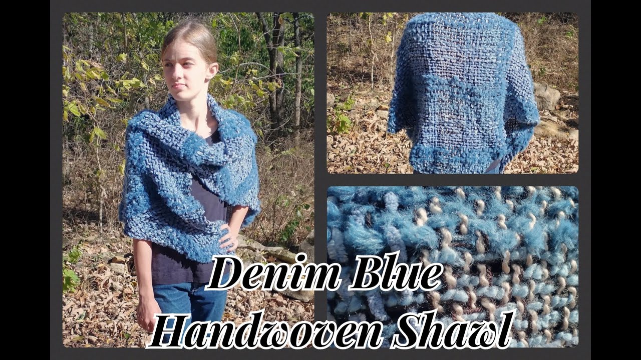 Denim Blue Plush Handwoven Shawl - Continuous Weaving Technique - Triangle Loom - Wearable Art!