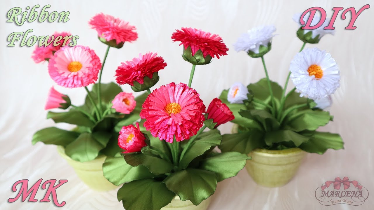 Интерьерные цветы 🌺 Маргаритки из лент МК/DIY Ribbon Flowers