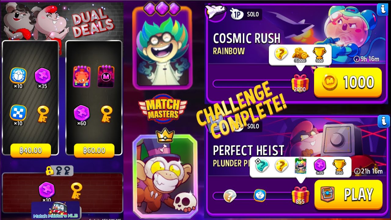 Solo Challenge Cosmic Rush Rainbow 2,000/Perfect Heist PLUNDER PIRATES 855 points Match Masters