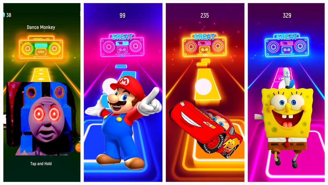 SUPER MARIO KART 🆚 MCQUEEN SPEED 🆚 SpongeBOB 🆚 SPIDER THOMAS  #tilesgop