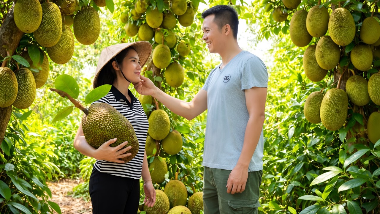 The jackfruit is ripe and ready for harvest - Taking pigeons to the market to sell, rural life
