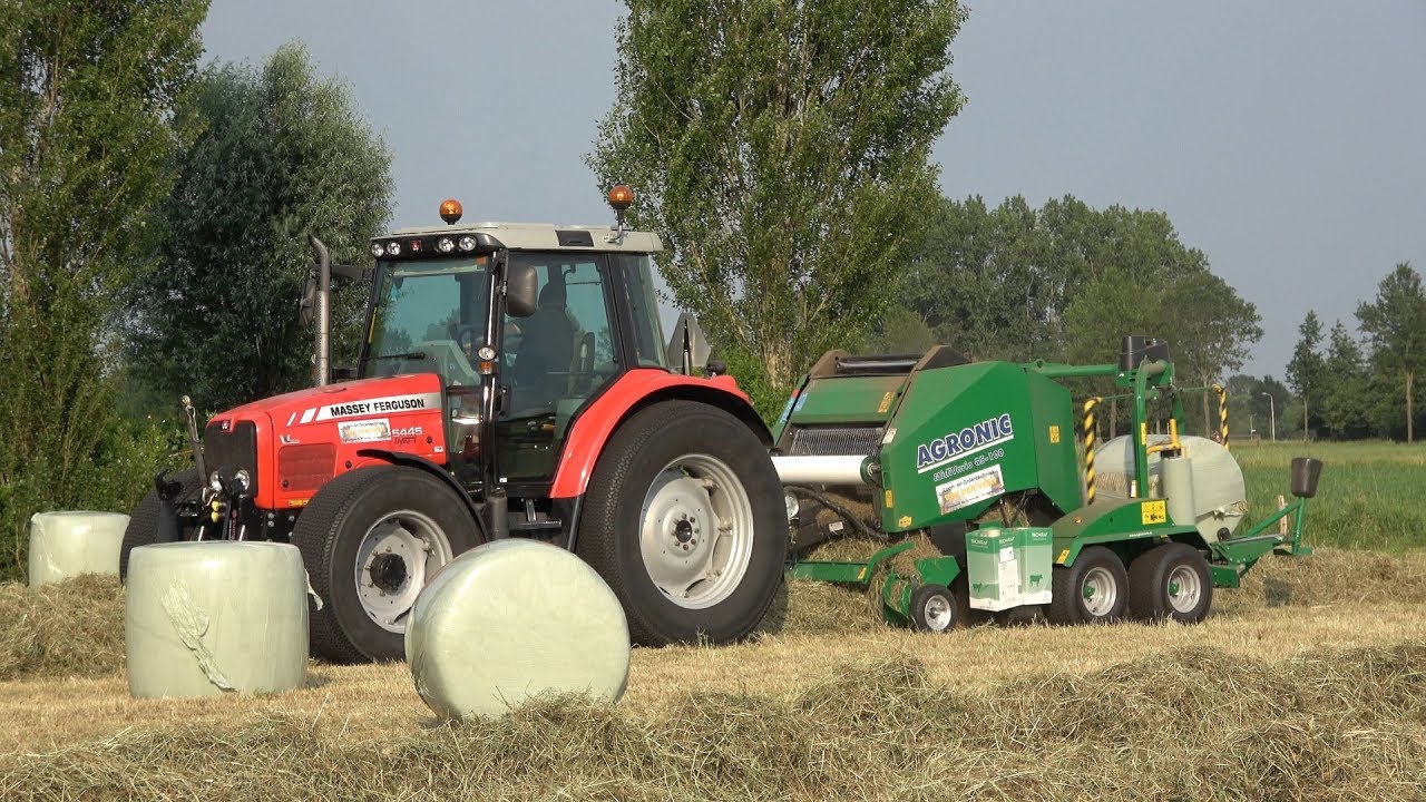Hooi in midibalen persen met Massey Ferguson 5445 Dyna-4 en Agronic MidiVario 85-100 (2019)