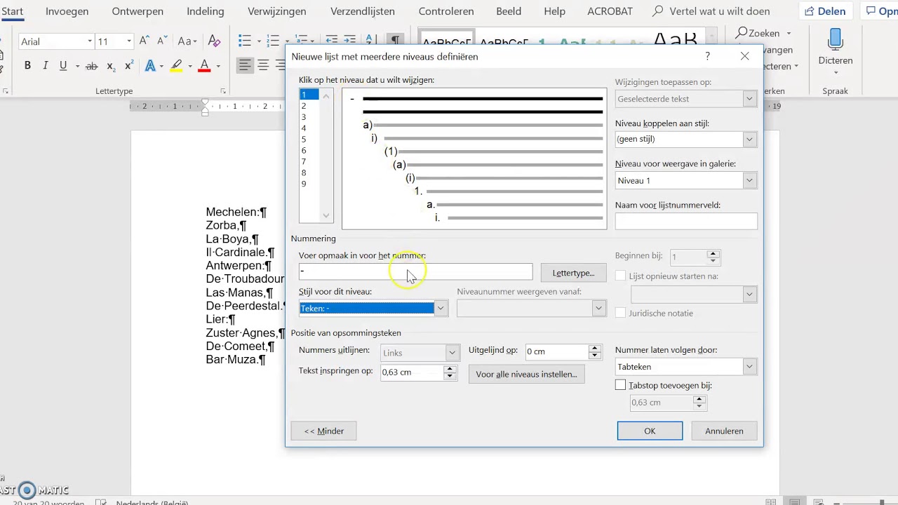 MS Word bepaal zelf je lijst met meerdere niveaus met een opsommingsteken