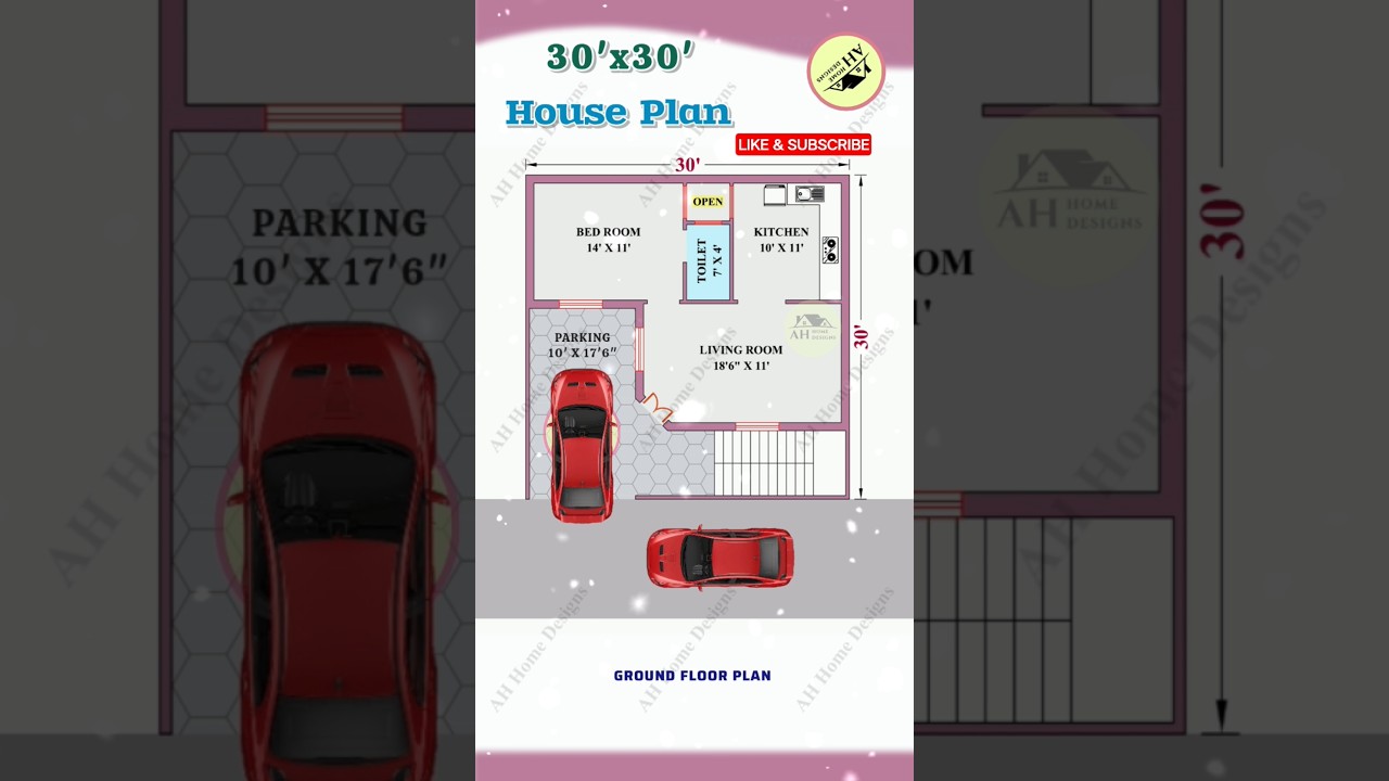 30'x30'' House Plan with Car Parking, 30*30 West Facing House Plan, #2dhouseplan #floorplan #shorts