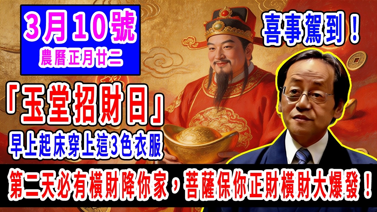 喜事駕到！3月10號，農曆正月廿二，「玉堂招財日」，早上起床穿上這3色衣服，第二天必有橫財降你家，菩薩保你正財橫財大爆發！