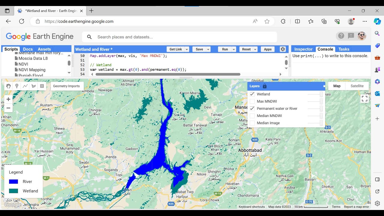 Mapping Wetlands and River using Landsat 8 and MNDWI in Google Earth Engine