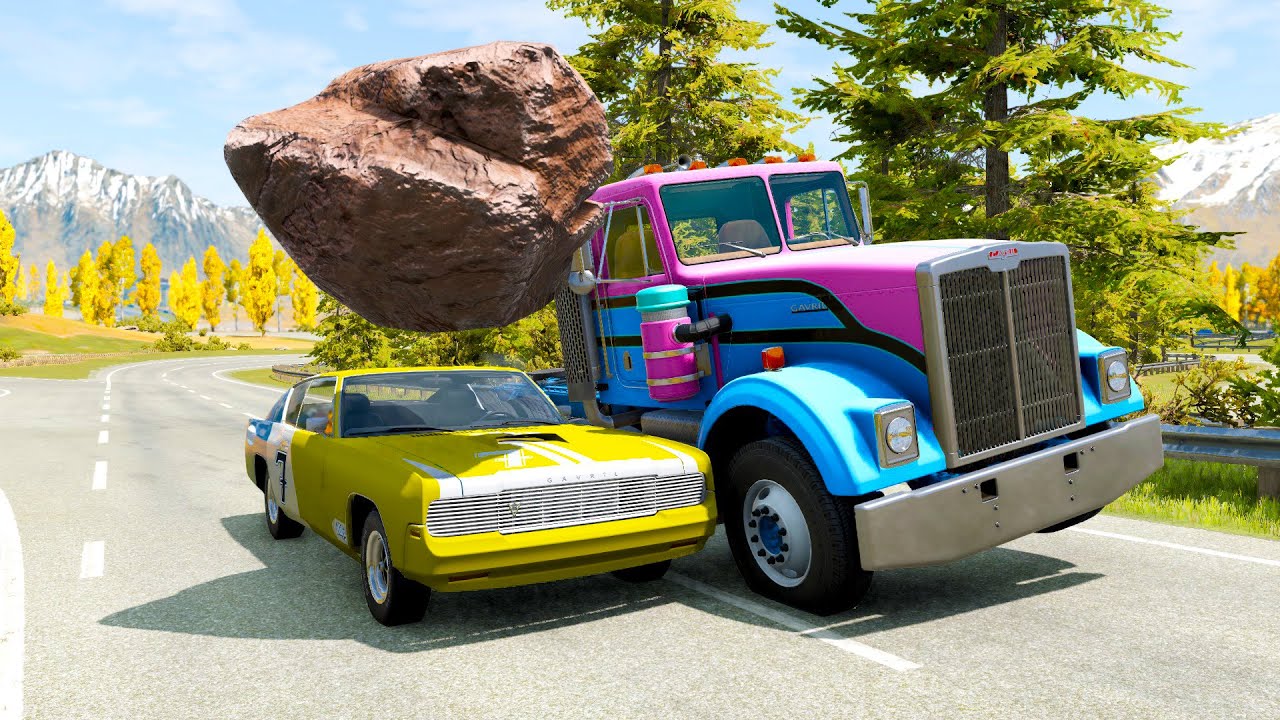 Double Flatbed Trailer Truck vs Speedbumps Train vs Cars | Tractor vs Train Beamng.Drive