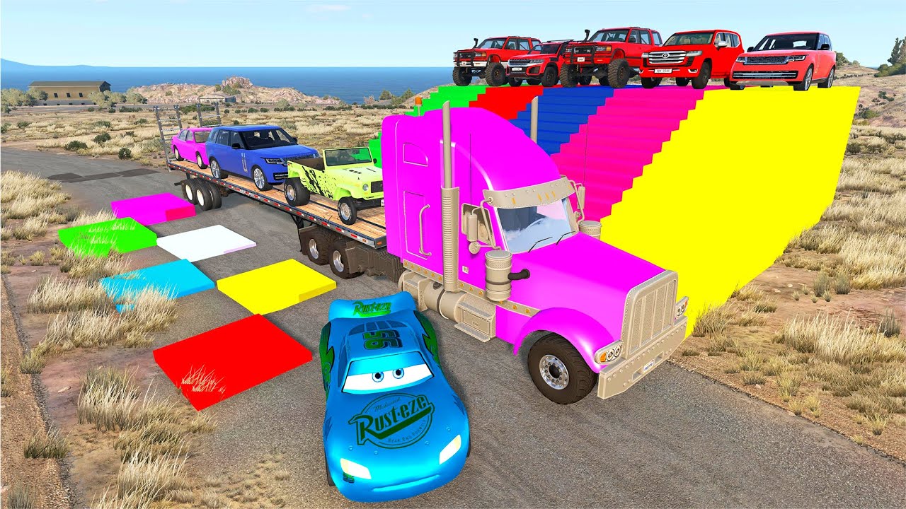 Triple Flatbed Trailer McQueen Transportation with Truck - Speedbumps vs Cars vs Train - BeamNG