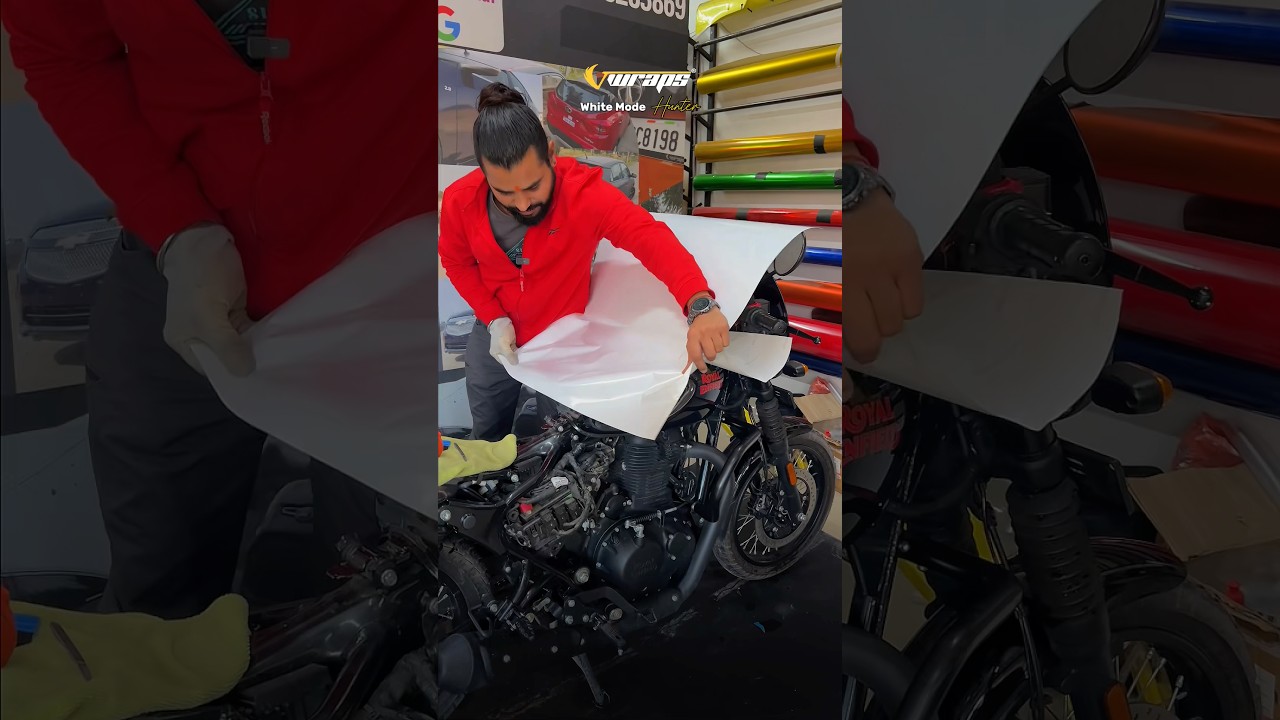 Royal Enfield Hunter White Wrap Transformation 🔥 #vwrapssikar #shortsviral #ppf