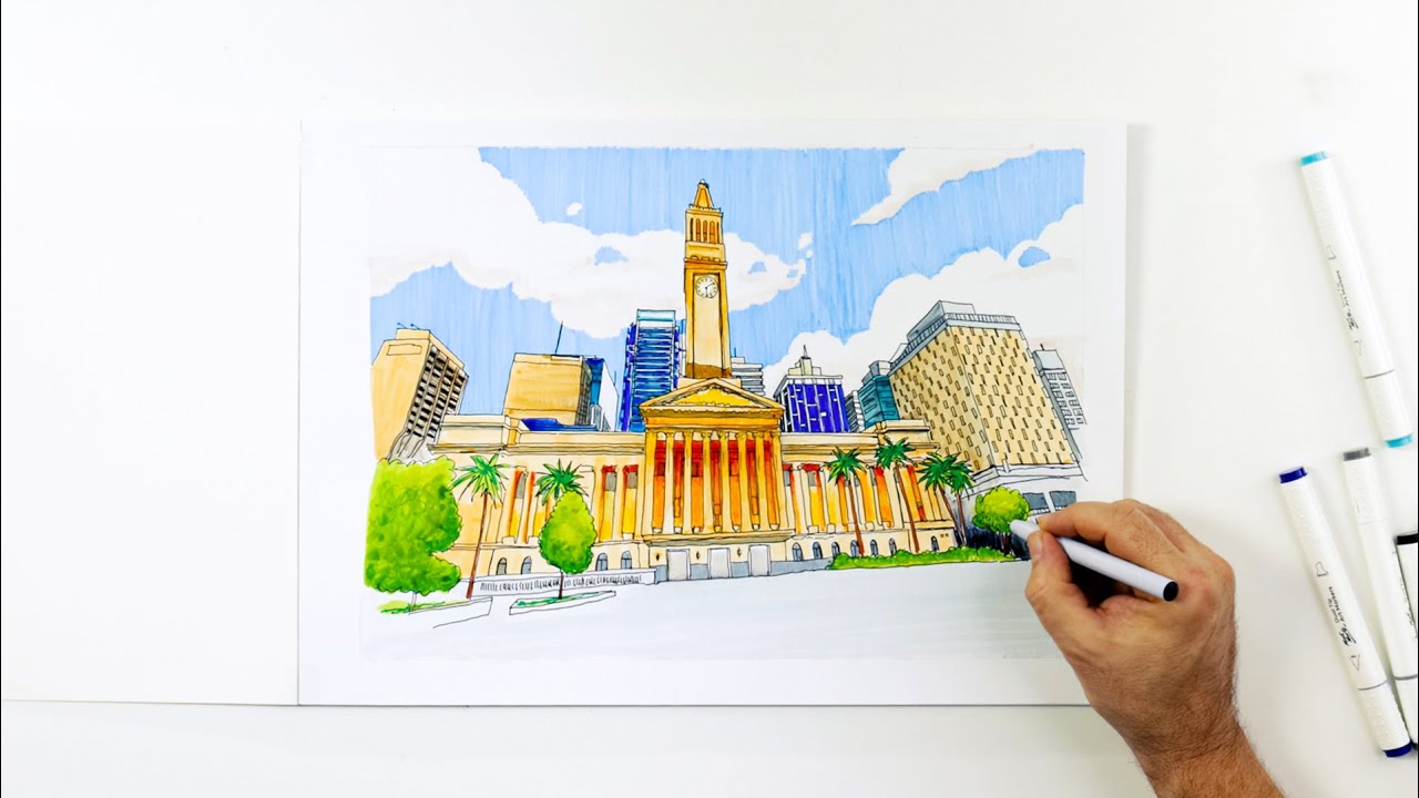 Create an urban illustration with markers