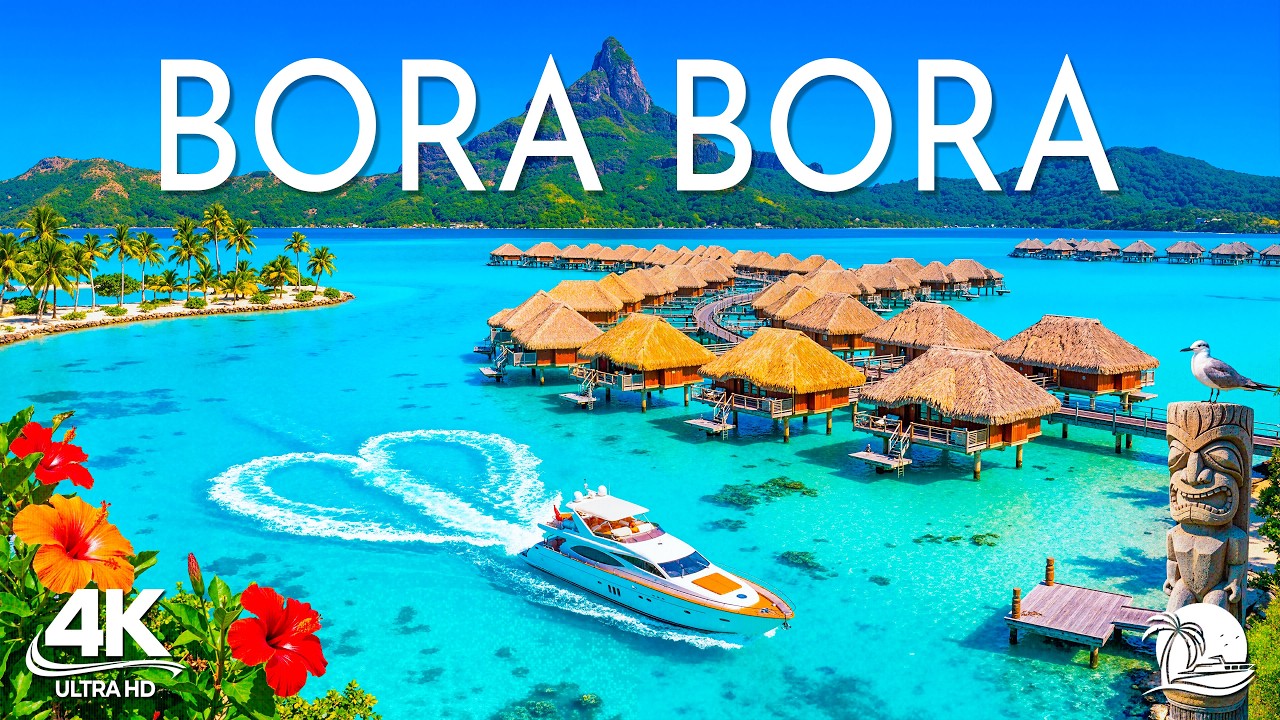 [4K] Bora Bora pf Mount Otemanu, Turquoise Lagoon & Overwater Villas