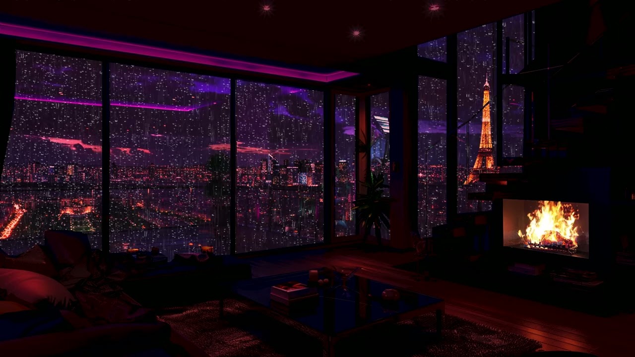 Night Rain Sounds for Insomnia Relief – Fireplace Crackling Comfort by the Window