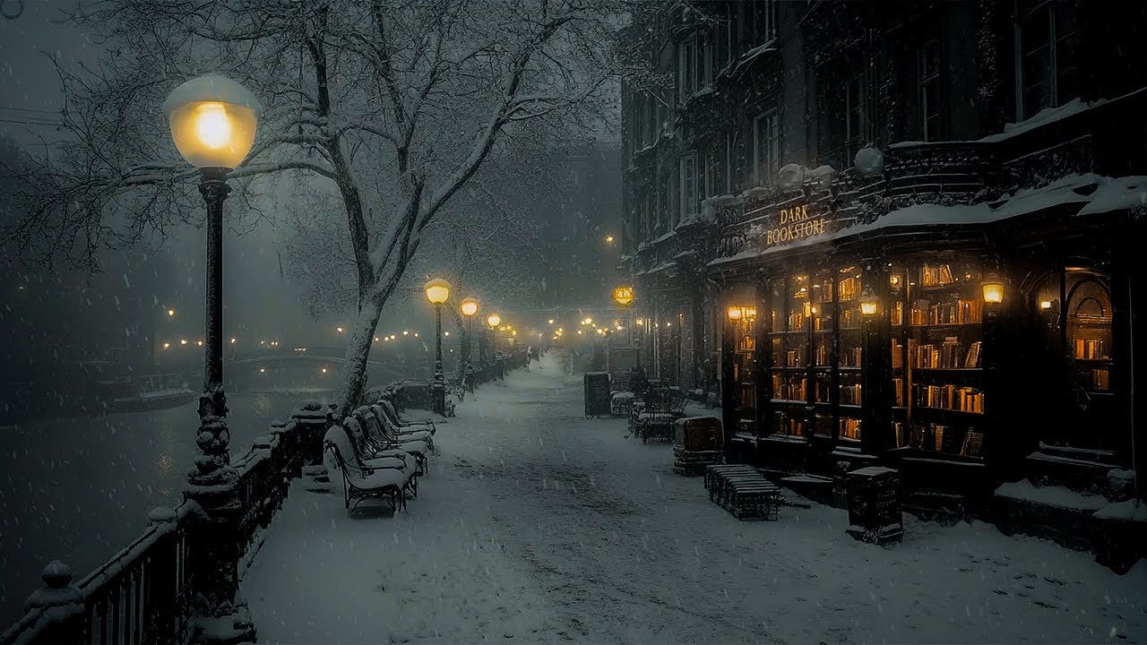 A Quiet Snowy Evening | Dark Bookstore Walks in a Snowy Gothic City | Dark Academia Vibes